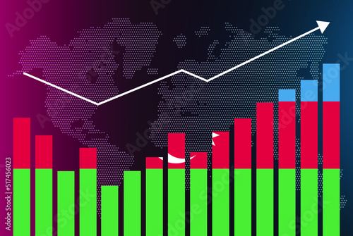 Azerbaijan bar chart graph with ups and downs, increasing values, Azerbaijan country flag on bar graph, upward rising arrow on data, news banner idea, developing country concept