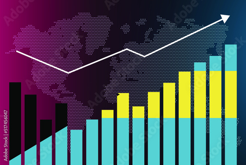 Bahamas bar chart graph with ups and downs, increasing values, Bahamas country flag on bar graph, upward rising arrow on data, news banner idea, developing country concept