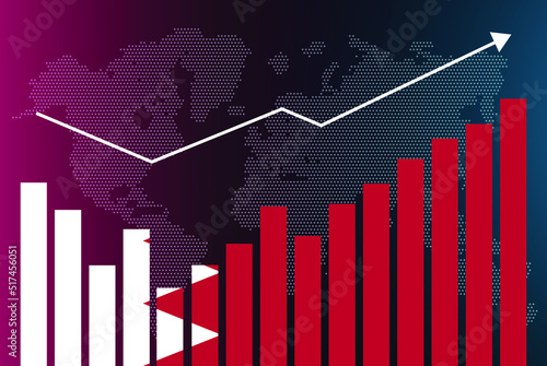 Bahrain bar chart graph with ups and downs, increasing values, Bahrain country flag on bar graph, upward rising arrow on data, news banner idea, developing country concept
