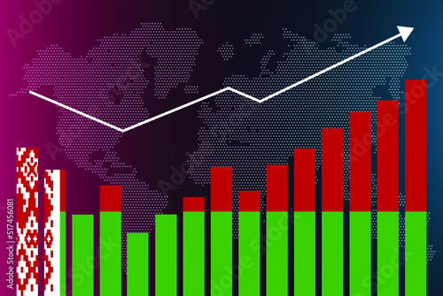 Belarus bar chart graph with ups and downs, increasing values, Belarus country flag on bar graph, upward rising arrow on data, news banner idea, developing country concept
