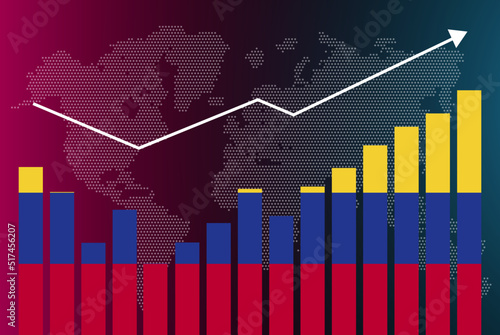 Colombia bar chart graph with ups and downs, increasing values, Colombia country flag on bar graph, upward rising arrow on data, news banner idea, developing country concept