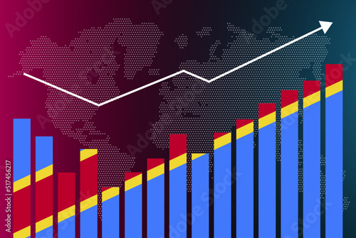 Congo Democratic Republic bar chart graph with ups and downs, increasing values, Congo Democratic Republic country flag on bar graph, upward rising arrow on data, news banner idea, developing country 