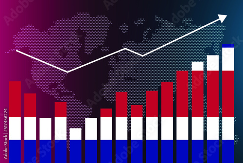 Costa Rica bar chart graph with ups and downs, increasing values, Costa Rica country flag on bar graph, upward rising arrow on data, news banner idea, developing country concept