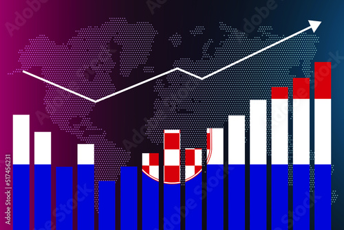 Croatia bar chart graph with ups and downs, increasing values, Croatia country flag on bar graph, upward rising arrow on data, news banner idea, developing country concept