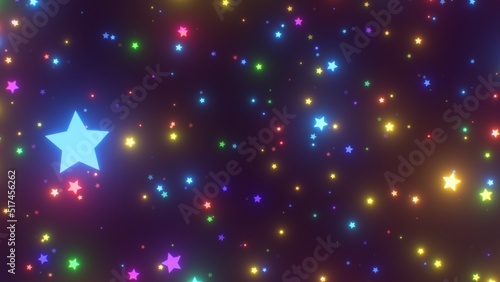 Flying in Field of Tiny Rotating Rainbow Star Shapes Neon Glow Lights - Abstract Background Texture