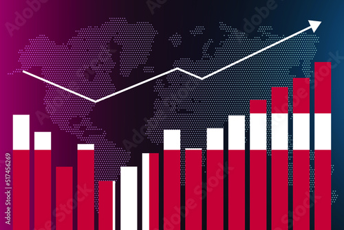 Denmark bar chart graph with ups and downs, increasing values, Denmark country flag on bar graph, upward rising arrow on data, news banner idea, developing country concept