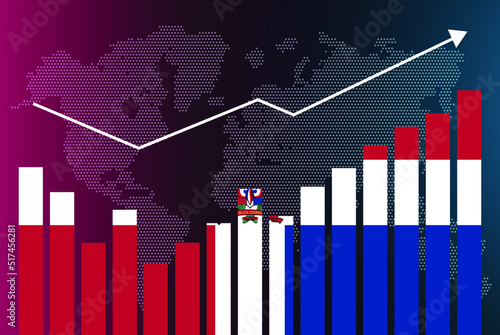 Dominican Republic bar chart graph with ups and downs, increasing values, Dominican Republic country flag on bar graph, upward rising arrow on data, news banner idea, developing country concept