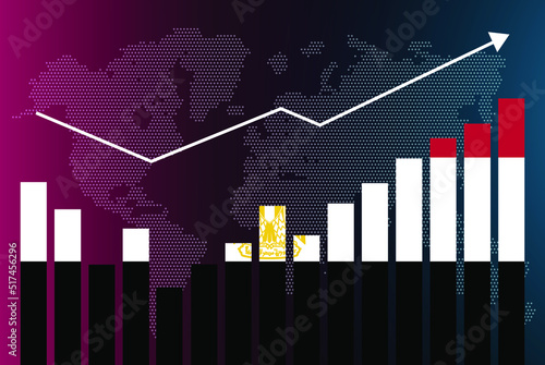 Egypt bar chart graph with ups and downs, increasing values, Egypt country flag on bar graph, upward rising arrow on data, news banner idea, developing country concept