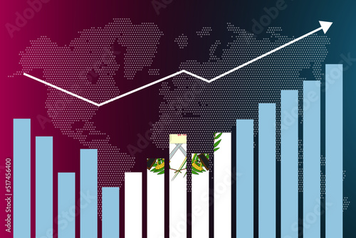Guatemala bar chart graph with ups and downs, increasing values, Guatemala country flag on bar graph, upward rising arrow on data, news banner idea, developing country concept