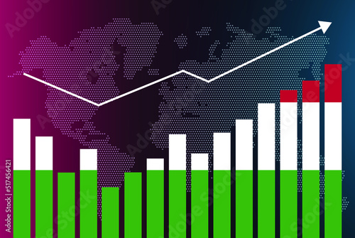 Hungary bar chart graph with ups and downs, increasing values, Hungary country flag on bar graph, upward rising arrow on data, news banner idea, developing country concept