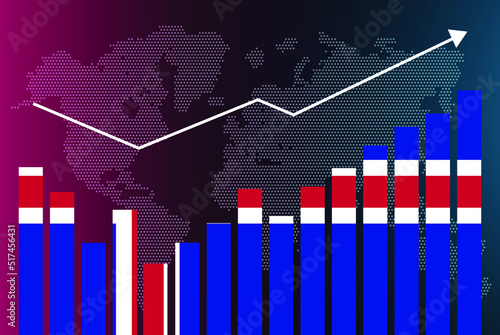 Iceland bar chart graph with ups and downs, increasing values, Iceland country flag on bar graph, upward rising arrow on data, news banner idea, developing country concept