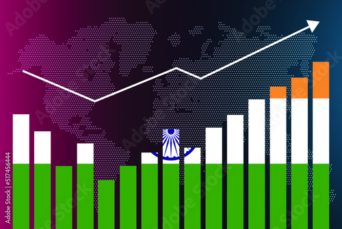 India bar chart graph with ups and downs, increasing values, India country flag on bar graph, upward rising arrow on data, news banner idea, developing country concept