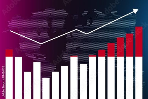 Indonesia bar chart graph with ups and downs, increasing values, Indonesia country flag on bar graph, upward rising arrow on data, news banner idea, developing country concept