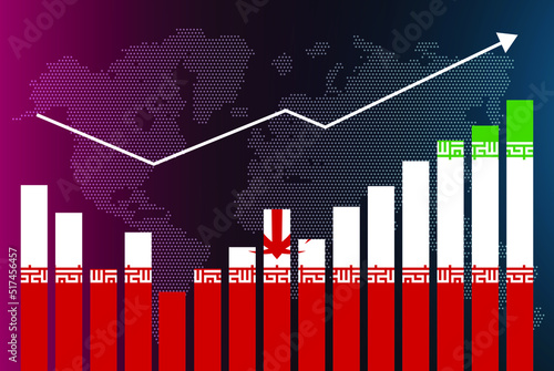 Iran bar chart graph with ups and downs, increasing values, Iran country flag on bar graph, upward rising arrow on data, news banner idea, developing country concept