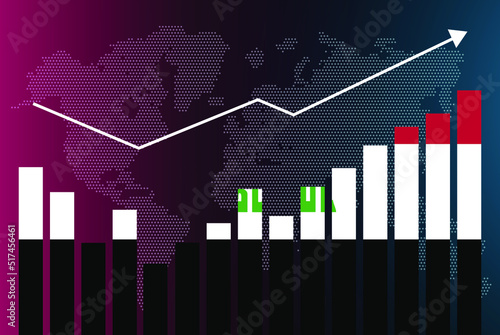 Iraq bar chart graph with ups and downs, increasing values, Iraq country flag on bar graph, upward rising arrow on data, news banner idea, developing country concept