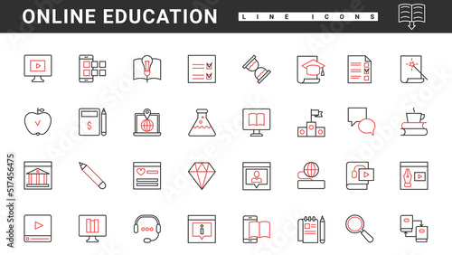 Training courses, video tutorials and online library to study thin red and black line icons set vector illustration. Abstract digital lectures and books for students, mobile learning technology