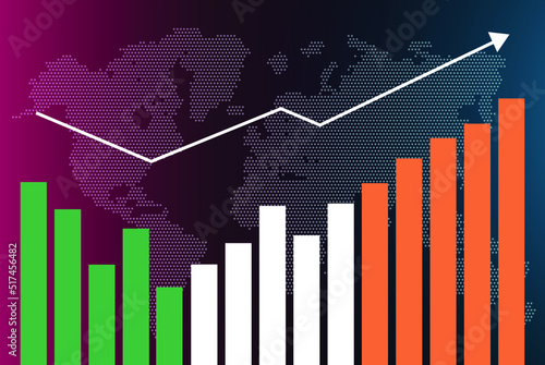 Ireland bar chart graph with ups and downs, increasing values, Ireland country flag on bar graph, upward rising arrow on data, news banner idea, developing country concept