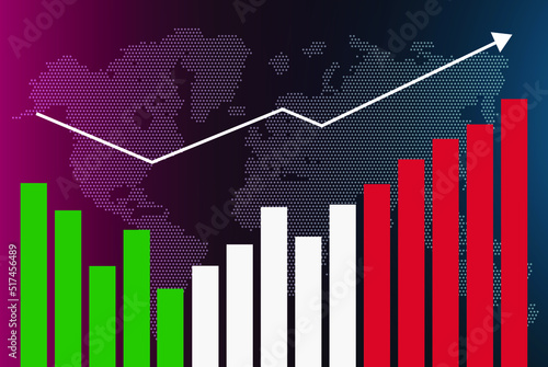 Italy bar chart graph with ups and downs, increasing values, Italy country flag on bar graph, upward rising arrow on data, news banner idea, developing country concept