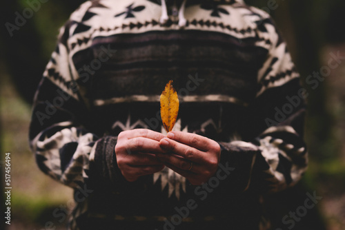 Close up of unrecognizable man holding little yellow leaf. Autumn and nature care concept lifestyle. People and outdoors nature protection. Stop deforestation and love earth environment