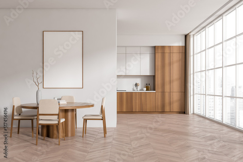 Light kitchen interior with eating table and panoramic window. Mockup frame