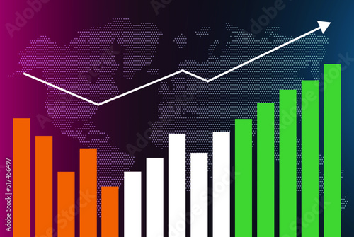 Ivory Coast bar chart graph with ups and downs, increasing values, Ivory Coast country flag on bar graph, upward rising arrow on data, news banner idea, developing country concept