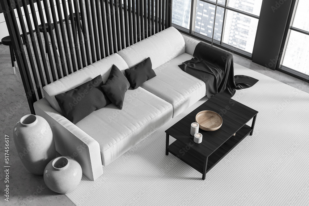 Fototapeta premium Top view on dark studio room interior with sofa, barstool
