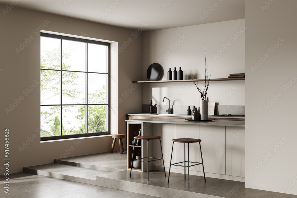 Fototapeta premium Corner view on bright kitchen room interior with cupboard, island