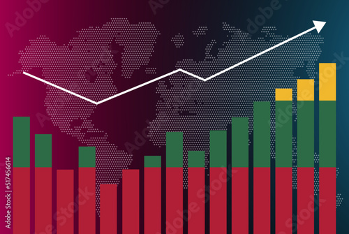 Lithuania bar chart graph with ups and downs, increasing values, Lithuania country flag on bar graph, upward rising arrow on data, news banner idea, developing country concept