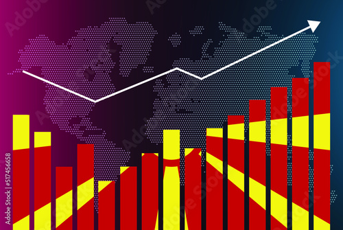 Macedonia bar chart graph with ups and downs, increasing values, Macedonia country flag on bar graph, upward rising arrow on data, news banner idea, developing country concept