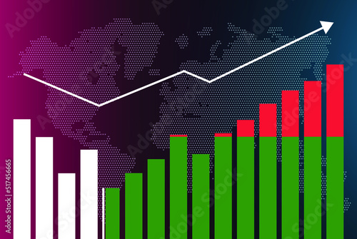 Madagascar bar chart graph with ups and downs, increasing values, Madagascar country flag on bar graph, upward rising arrow on data, news banner idea, developing country concept