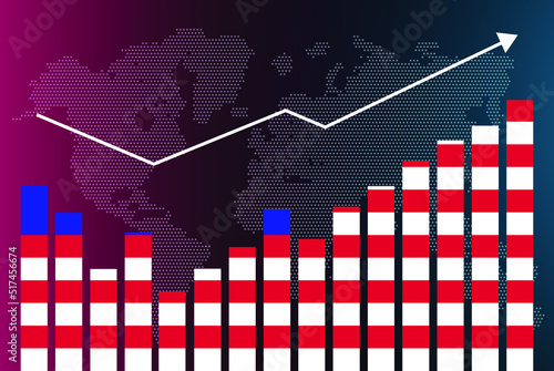 Malaysia bar chart graph with ups and downs, increasing values, Malaysia country flag on bar graph, upward rising arrow on data, news banner idea, developing country concept