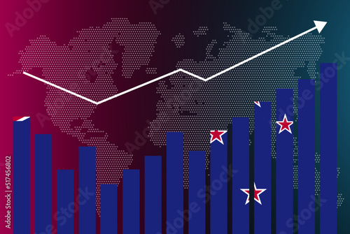 New Zealand bar chart graph with ups and downs, increasing values, New Zealand country flag on bar graph, upward rising arrow on data, news banner idea, developing country concept