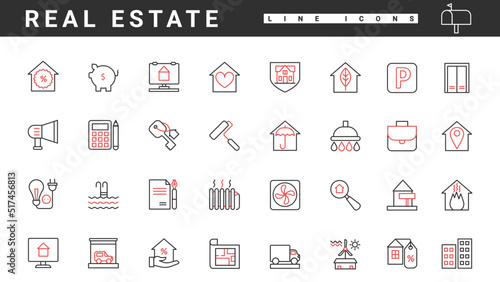 House and home apartment rent, mortgage and sale thin red and black line icons set vector illustration. Abstract insurance for modern real estate purchase, contract for property, realtors service