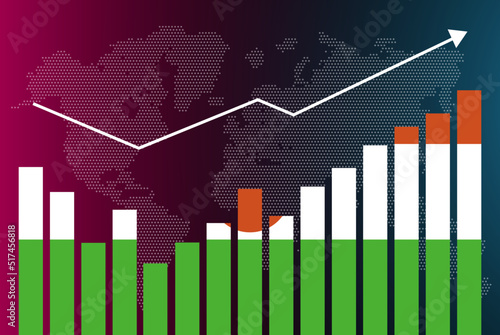 Niger bar chart graph with ups and downs, increasing values, Niger country flag on bar graph, upward rising arrow on data, news banner idea, developing country concept