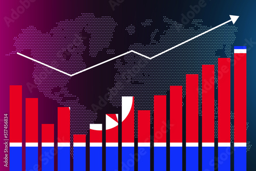 North Korea bar chart graph with ups and downs, increasing values, North Korea country flag on bar graph, upward rising arrow on data, news banner idea, developing country concept