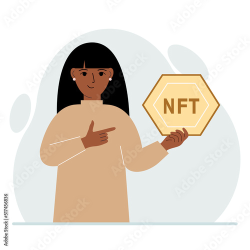NFT concept. The woman is holding nft in his hand. Works of art using non-fungible tokens for auctions, sale and purchase of works of art.