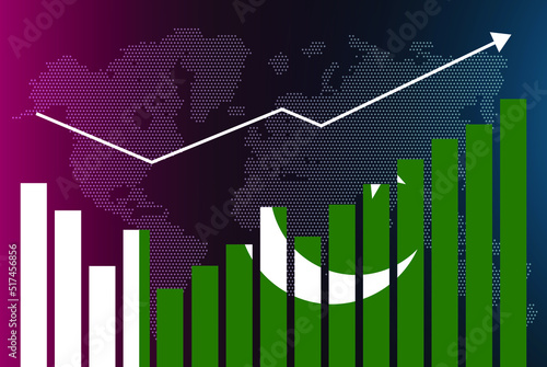 Pakistan bar chart graph with ups and downs, increasing values, Pakistan country flag on bar graph, upward rising arrow on data, news banner idea, developing country concept
