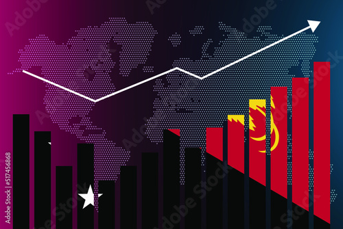 Papua New Guinea bar chart graph with ups and downs, increasing values, Papua New Guinea country flag on bar graph, upward rising arrow on data, news banner idea, developing country concept
