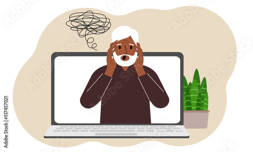 Online consultation with a psychologist. Laptop with a grandfather with confused thoughts. Psychotherapeutic practice, psychiatric consultation.
