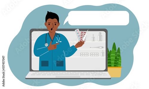 Online consultation or feedback concept. Laptop with a picture of a male pharmacist with medicines in his hand.