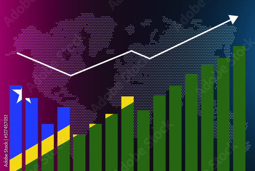 Solomon Island bar chart graph with ups and downs, increasing values, Solomon Island country flag on bar graph, upward rising arrow on data, news banner idea, developing country concept