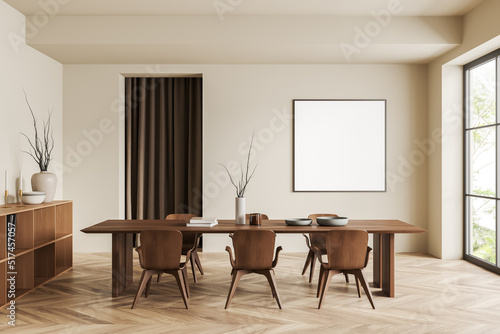 Light eating room interior with seats and table, window and mockup poster
