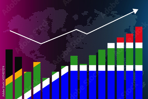 South Africa bar chart graph with ups and downs, increasing values, South Africa country flag on bar graph, upward rising arrow on data, news banner idea, developing country concept