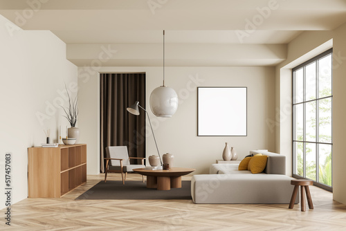 Light chill interior with chair and couch  shelf and panoramic window. Mockup frame