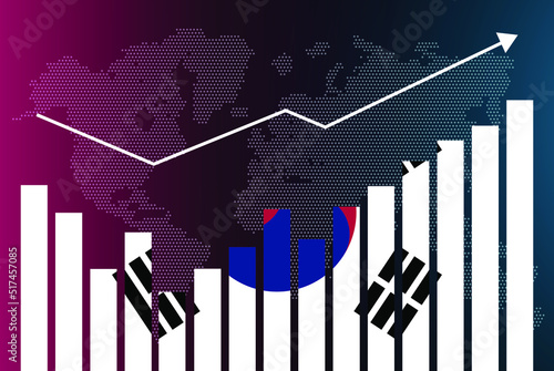 South Korea bar chart graph with ups and downs, increasing values, South Korea country flag on bar graph, upward rising arrow on data, news banner idea, developing country concept