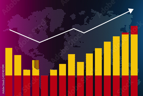 Spain bar chart graph with ups and downs, increasing values, Spain country flag on bar graph, upward rising arrow on data, news banner idea, developing country concept