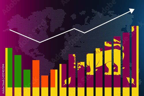 Sri Lanka bar chart graph with ups and downs, increasing values, Sri Lanka country flag on bar graph, upward rising arrow on data, news banner idea, developing country concept