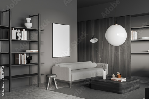 Grey chill room interior with couch and shelf with decoration. Mockup frame