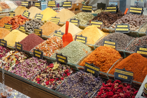 Colorful food footage from Mısır bazaar stand, traditional spices in Istanbul, shopping in a Turkish bazaar, herbal products in arcade market stands