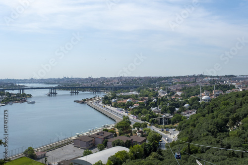 Wide Eyupsultan view from Pierre Loti, Golden Horn with skyline, trees with blue sky, beautiful landscape in Istanbul, Halic car bridge top view, known as Halic